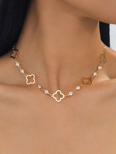 1pc French Elegant Elegant Luxury Summer Vacation Style Gold Hollow Sparkling Lucky Four-Leaf Clover Women's Necklace