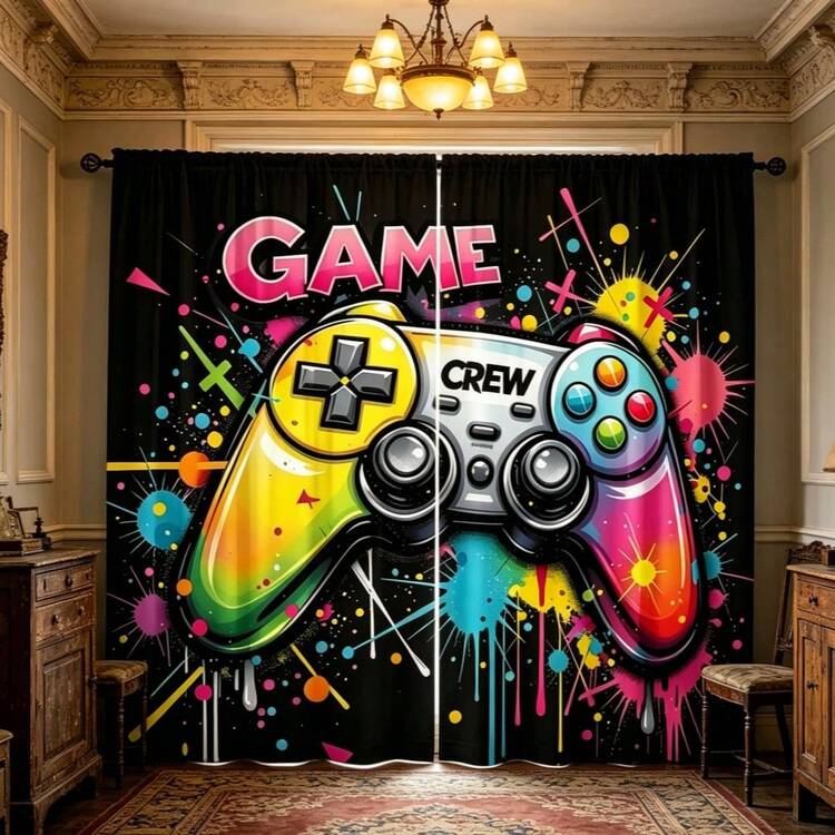 2pcs High-Definition Digital Window Screen Combination, Printed With Vibrant Colors And Graffiti Style Game Controller Design, Machine Washable Polyester Fabric, Perfect For Living Room And Bedroom Home Decor, Enhances The Visual Effect Of Curtain Rods In Bedroom And Study - Multicolor - View 7