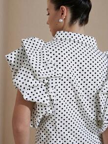 Aveloria Revavyn Blusa elegante de cuello alto con estampado de lunares retro francés, manga de pétalo, moda elegante y de alta gama para mujeres - Blanco y Negro 3 - Ver 2