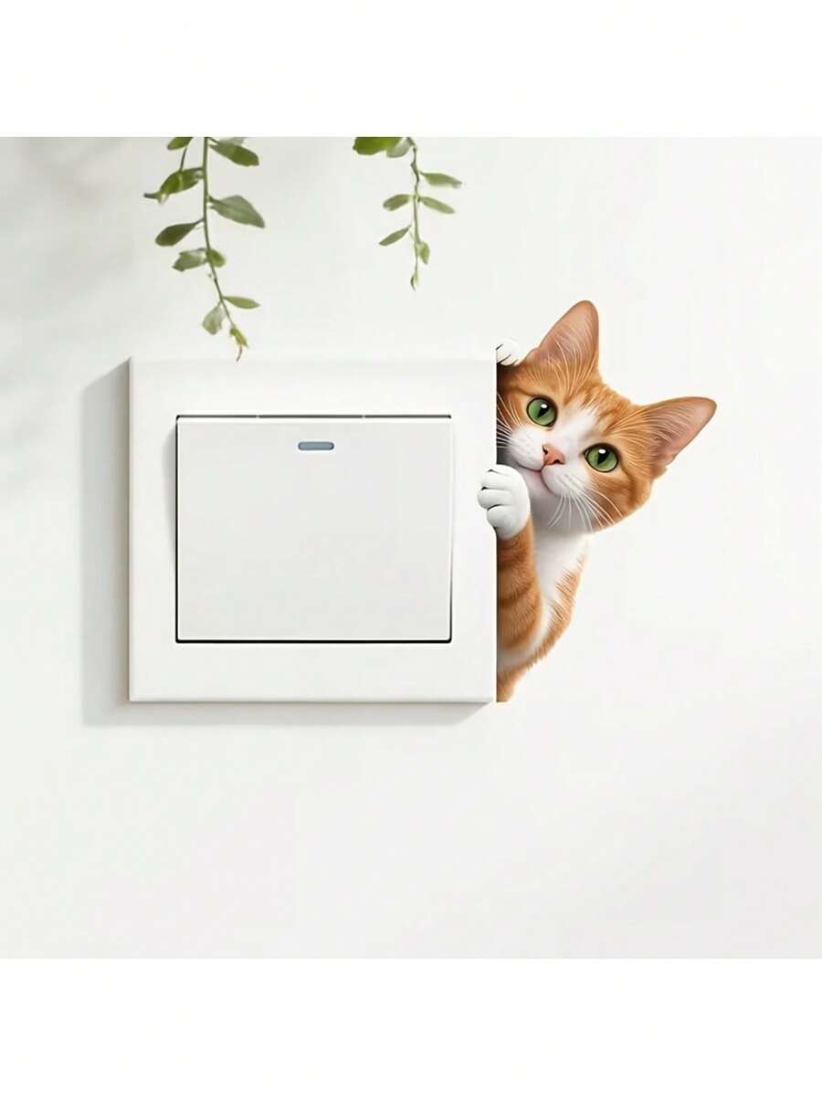 Cute Peeking Orange Tabby Cat Light Switch Wall Decal, Realistic 2D Animal Self-Adhesive Switch Sticker, Perfect For Living Room And Bedroom Switch Panels, Enhance Your Home's Charming Atmosphere - Cute Peeking at the Orange Tabby Cat - View 1