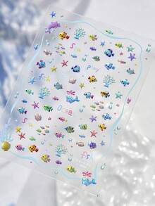 5D 浮雕海洋生物美甲貼紙，全息魚與海豚自黏美甲貼花，夏季海灘風 DIY 美甲裝飾，適用於居家沙龍美甲與穿戴甲配件，1 張 - 藍色 - 查看 5