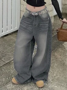 Retro High Street Washed Gray Denim Jeans, Women's Fashion Design Straight Loose Casual Wide Leg Pants, New Autumn Collection - Grey - View 9