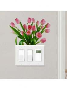 Realistic Pink Tulip Flower Switch Wall Sticker, Fresh Floral Self-Adhesive Light Switch Decal, Removable, Suitable For Decorating Light Switches And Power Outlets, Fresh Spring Style Home Decor Wall Sticker - Realistic Pink Tulips - View 1