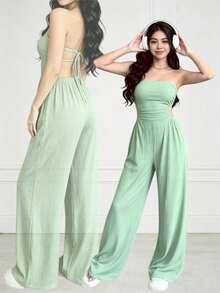 Women's Off-The-Shoulder And Open-Back Jumpsuit For Summer - Army Green - View 1