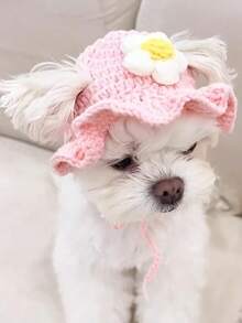 1pc Handmade Crochet Pet Hat With Small Flower Pattern, Suitable For Small And Medium Dogs Or Cats - Pink - View 2