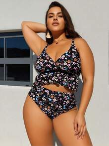 Plus Size Black Ditsy Floral Ruffle Hem High Waist Bikini Set - 彩色 - 查看 3
