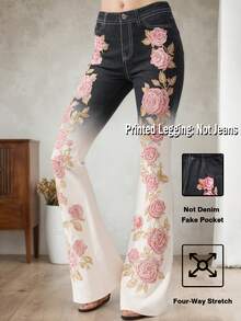 Pantalones estampados de talla grande, [pantalones estampados - no de tela de mezclilla] Pantalones acampanados de ajuste entallado con estampado de imitación de mezclilla, estampado floral, estampado con efecto de tela de imitación de mezclilla, bolsillos y botones de imitación, y estilo vintage de - Azul oscuro - Ver 11