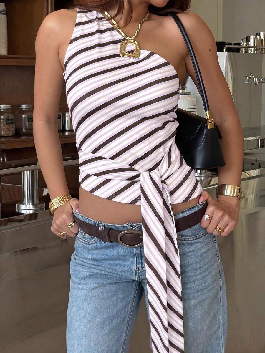 Women's Sleeveless Striped Cropped Knit Top With Asymmetric Neckline And Twist Detail Summer - Baby Pink - View 1