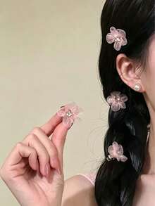 5件組女款時尚粉色花朵髮夾，甜美迷你髮飾，優雅公主風櫻花毛絨髮夾，芭蕾風Y2K仙女髮飾 - 粉色 - 查看 2