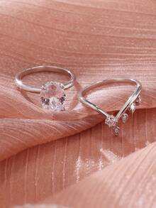 2pcs Elegant Classic Shiny Oval Synthetic Cubic Zirconia Couple Rings Set, Fashionable Geometric V-Shape Design, Suitable For Wedding, Engagement, Proposal, Valentine's Day, Birthday, Anniversary Gift - Silver - View 2