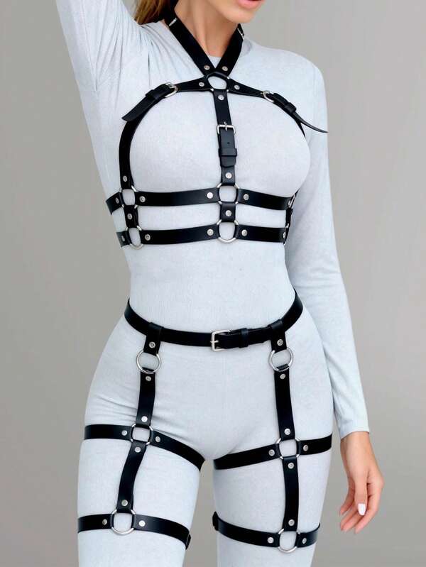 1 bộ bodysuit nữ gợi cảm màu đen bằng da PU, thiết kế hở ngực, đai harness eo và đai đeo đùi, phù hợp cho tiệc tùng, lễ kỷ niệm, biểu diễn tại bar
