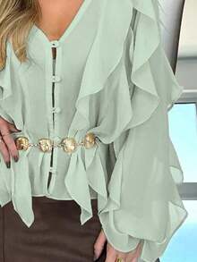 Blusa casual de gasa con cuello en V elegante, manga larga, con volantes y botones asimétricos, para el verano - Verde - Ver 4