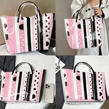 Striped & Polka Dot Print Tote Bag, Glossy PVC Waterproof Handbag, Retro Geometric Casual Shoulder Bag, Large Capacity Reusable Tote For Women, Work, Beach, Daily Shopping - 粉色 - 查看 3
