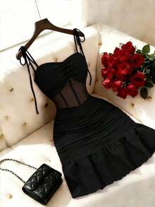 New Elegant Spaghetti Strap Dress With Patchwork And Mesh Fabric, Perfect For Dates And Parties - Black - View 1