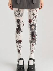 1 Stück Damen weiße Samt Leggings im Gothic-Stil mit Mädchen- & Uhren-Muster, Rosenranken Vintage Muster elastische Strumpfhose, Dark Academia Stil Frühling/Sommer Party & Alltag Strumpfhose - Weiss - Übersicht 1