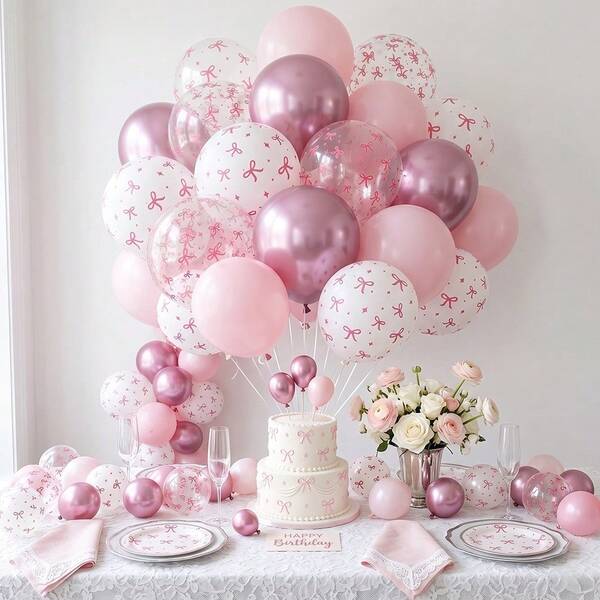 25 pièces/set Ballons nœuds roses, ballons imprimés nœuds roses et blancs métalliques de 12 pouces, convient pour anniversaire, décoration de mariage, baby shower