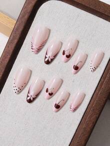 24 pièces Autocollants d'ongles pointus doux de style français cerise, design cerise + pois + floral, convient pour le port quotidien prolongé des femmes, set de faux ongles d'été - Rose bonbon - Voir 4