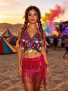 Áo hai dây crop top vỏ sò đính sequin nhiều màu kèm chân váy hông tua rua sequin, phù hợp cho lễ hội Carnival, lễ hội âm nhạc sa mạc và lễ hội EDM (có nhiều màu sắc) - Nhiều màu - Xem 10