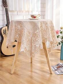 HXARTMIS 1pc French Vintage Lace Trimmed Tablecloth, Linen Texture Rectangular Table Cover, Embroidered Floral Lace Edging, Washable Dining Table Cloth, Suitable For Kitchen, Wedding, Party And Home Decor - Grey Hemp - View 3
