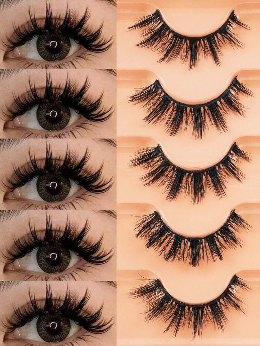 5 Pairs Fluffy Manga Lashes, 6-16mm Gradient Length False Eyelashes, Soft Lightweight Lashes With Solid Band, Natural To Dramatic Reusable Eyelashes, Eye Enlarging Lashes For Beginners - Black - View 1