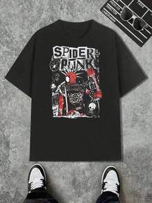 Camiseta negra con el estampado 'SPIDER - PUNKY' - Estilo punk audaz que presenta un personaje spider-punk rojo y negro, texto en fuente llamativa y elementos gráficos en degradado, con calaveras blancas y decoraciones abstractas, perfecta para los amantes de la moda alternativa y casual. Camiseta de Algodón Estampada MIPrinted - Corte Holgado para Hombre |   Camiseta de manga corta con temática de ángeles |   Estilo Y2K |   Camisa de corte holgado para hombre |   Tallas S–3XL |   Ropa de verano |   100% Algodón |   Ideal como regalo (Día del Padre, etc.) |   Envío Gratis - Negro - Ver 1