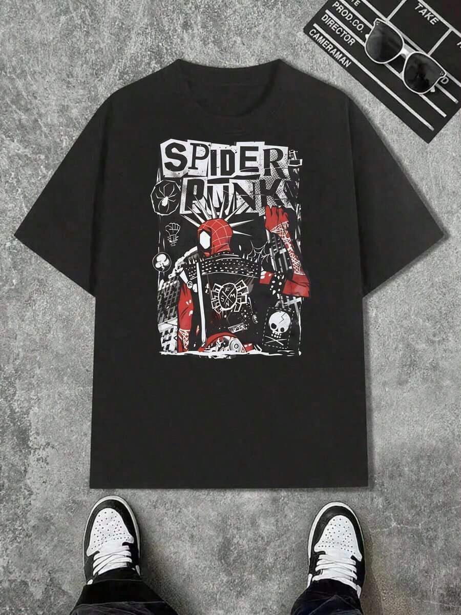 Camiseta negra con el estampado 'SPIDER - PUNKY' - Estilo punk audaz que presenta un personaje spider-punk rojo y negro, texto en fuente llamativa y elementos gráficos en degradado, con calaveras blancas y decoraciones abstractas, perfecta para los amantes de la moda alternativa y casual. Camiseta de Algodón Estampada MIPrinted - Corte Holgado para Hombre | Camiseta de manga corta con temática de ángeles | Estilo Y2K | Camisa de corte holgado para hombre | Tallas S–3XL | Ropa de verano | 100% Algodón | Ideal como regalo (Día del Padre, etc.) | Envío Gratis - Negro - Ver 1
