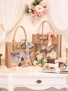 Personalized Bridesmaid Linen Tote Bag With Name, Customized Jute Bag, Letter Print Beach Bag, Monogrammed Gift Bag For Bachelorette Party - Multicolor - View 3