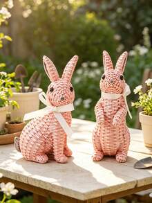 1pc Rabbit Figurine With White Ribbon - Farmhouse Style Easter Spring Home Decor, Cute Rabbit Statue For Desk, Suitable For Living Room, Bookshelf, Fireplace, Ideal Gift For Rabbit Lovers And Housewarming - Pink - View 5