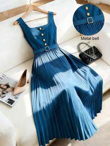 Vestido largo de línea A con cuello cuadrado, sin mangas, con cinturón y decoración de botones, con estampado floral índigo, versátil para ir al trabajo, primavera/verano - Azul - Ver 1