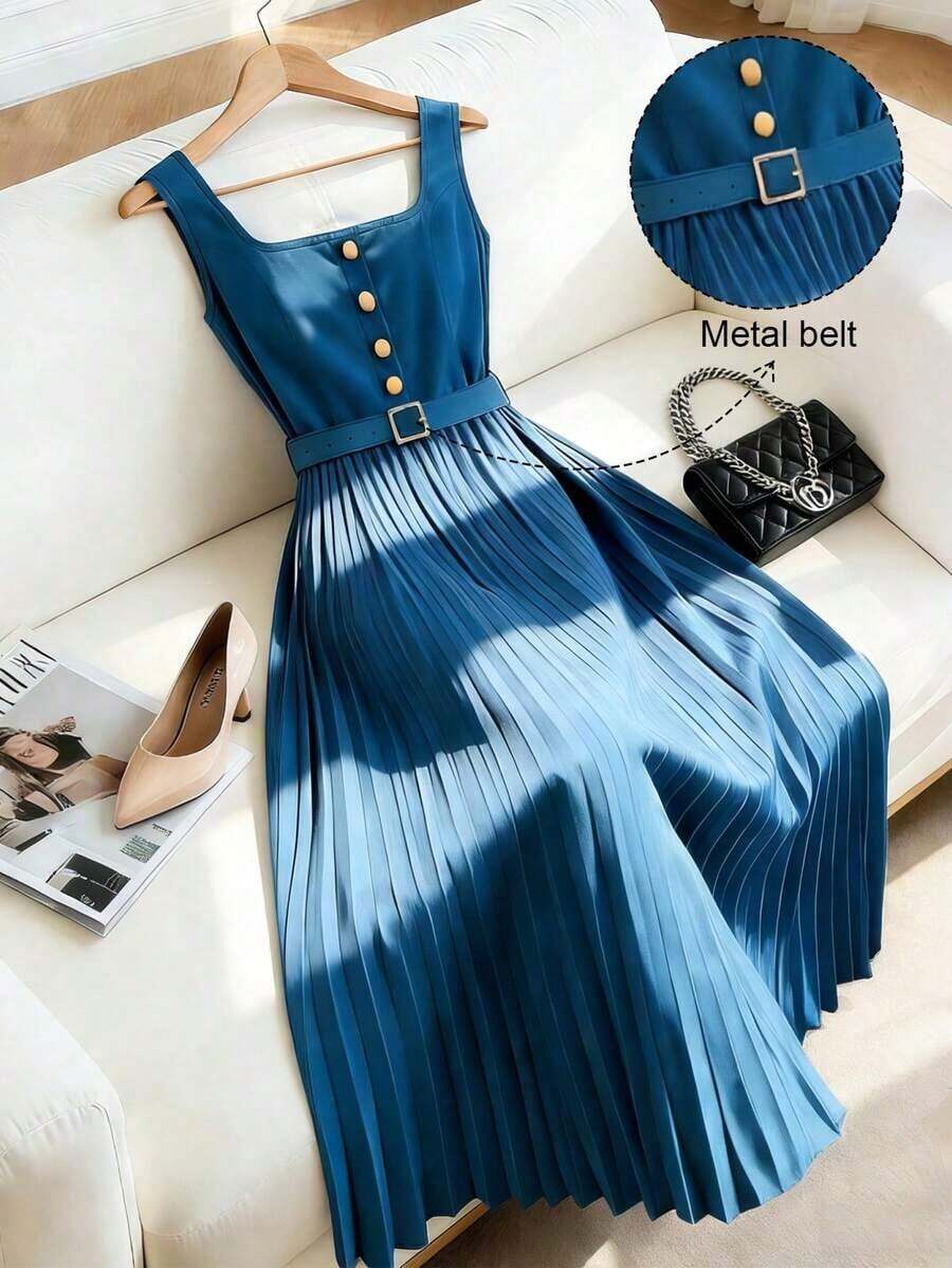 Vestido largo de línea A con cuello cuadrado, sin mangas, con cinturón y decoración de botones, con estampado floral índigo, versátil para ir al trabajo, primavera/verano - Azul - Ver 1