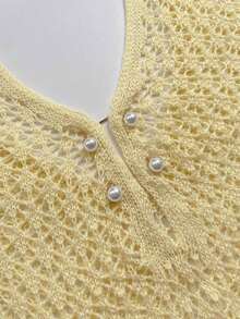 Traje de baño tipo pareo de ganchillo para mujer talla grande, elegante estilo bohemio de resort de playa, falda corta con escote en V sexy y botones de perla, blanco para vacaciones - Amarillo - Ver 2