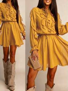 Vestido de manga larga con volantes y cordón de unicolor elegante y de moda para uso diario y citas, primavera - Amarillo - Ver 2