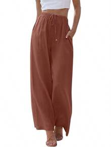 Pantalones de lino holgados de talla grande para mujer, con bolsillos y cordón ajustable, de pierna ancha. - Rojo - Ver 12