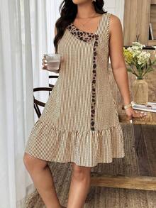Weeklong Vestido de línea A con cuello asimétrico, parches y estampado de leopardo, contraste de colores, para mujer talla, casual, para vacaciones, primavera/verano - Multicolor 2 - Ver 1