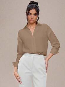 Body de manga larga y color blanco sólido, de estilo minimalista y casual para uso diario de las mujeres - Marrón Mocha - Ver 2