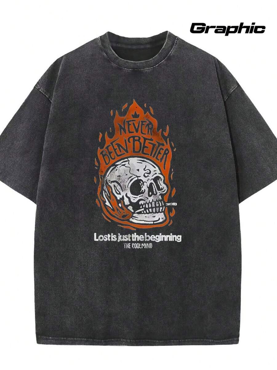 Camiseta de cuello redondo lavada con estampado de calavera y llamas negras, camiseta gráfica en excelente estado. - Negro - Ver 1