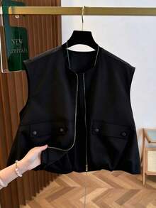 Chaleco corto sin mangas para mujer, con dobladillo de burbuja de unicolor fresco de otoño, cuello redondo con cremallera, de moda y versátil, ajustado para vacaciones de verano - Negro - Ver 8