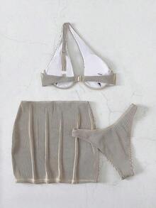 Swim Conjunto de bikini acanalado Sujetador con aros recortado y parte inferior de corte alto y falda de playa Traje de baño de 3 piezas - Caqui - Ver 7