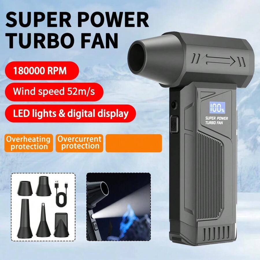 160,000 RPM Turbo Blower Fan - Brushless Motor, Multiple Nozzles, Digital Display Handheld Blower For Computer/Dust/Car/Leaf Cleaning