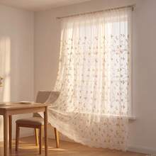 1 Stück weißer halbtransparenter Vorhang mit goldener Reben- und Blattstickerei, Landhausstil, Polyester mit Stangendurchzug, lichtfilternd, geeignet für Schlafzimmer, Wohnzimmer, Esszimmer, ganzjährige Heimdekoration - Gold - Übersicht 3