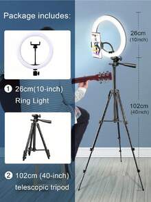AXNEN 10-Inch Ring Light With 40-Inch Adjustable Tripod Stand, Dimmable LED Circle Lamp With Phone Holder, Suitable For Live Streaming/Makeup/Photography Studio/Video, Compatible With All Smartphones - Black - View 3