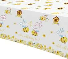 FVABO What Will It Bee Gender Reveal Party Supplies Tablecloth, 3pcs Disposable He Or She Bumble Bee Gender Reveal Decorations Tablecover For Baby Shower, 86in X 55in - White - View 3