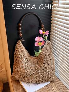 2026 Bolso de hombro tejido a ganchillo de color contrastante a la moda, bolso de hombro con asa superior tejida hueca, bolso de tote casual con decoración de cuentas de madera, artículo esencial para amantes de las vacaciones de primavera/verano en la playa y los viajes, perfecto para la playa, el resort, la piscina y las escapadas a la isla - Caqui - Ver 1