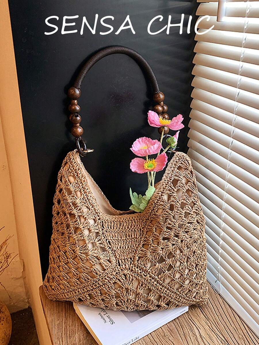 2026 Bolso de hombro tejido a ganchillo de color contrastante a la moda, bolso de hombro con asa superior tejida hueca, bolso de tote casual con decoración de cuentas de madera, artículo esencial para amantes de las vacaciones de primavera/verano en la playa y los viajes, perfecto para la playa, el resort, la piscina y las escapadas a la isla - Caqui - Ver 1