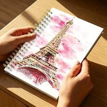 1 pieza Cuaderno espiral A5 - Diseño de arte en acuarela inspirado en París, Francia, con la Torre Eiffel y arquitectura francesa, cubierta elegante en rosa y dorado - Rosa elegante - Ver 5