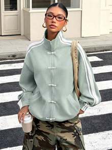 Chaqueta ligera con cremallera frontal y rayas laterales con estampado de caballero para mujer - verde menta - Ver 4