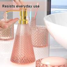 5-Piece Diamond-Cut Glass Bathroom Accessories Set, Rust-Proof Toothbrush Holder & Soap Dispenser, Tumbler & Cotton Jar, Modern Crystal Bathroom Decor - Back To School Gift For Dorm, Housewarming Gift - Hồng - Xem 4