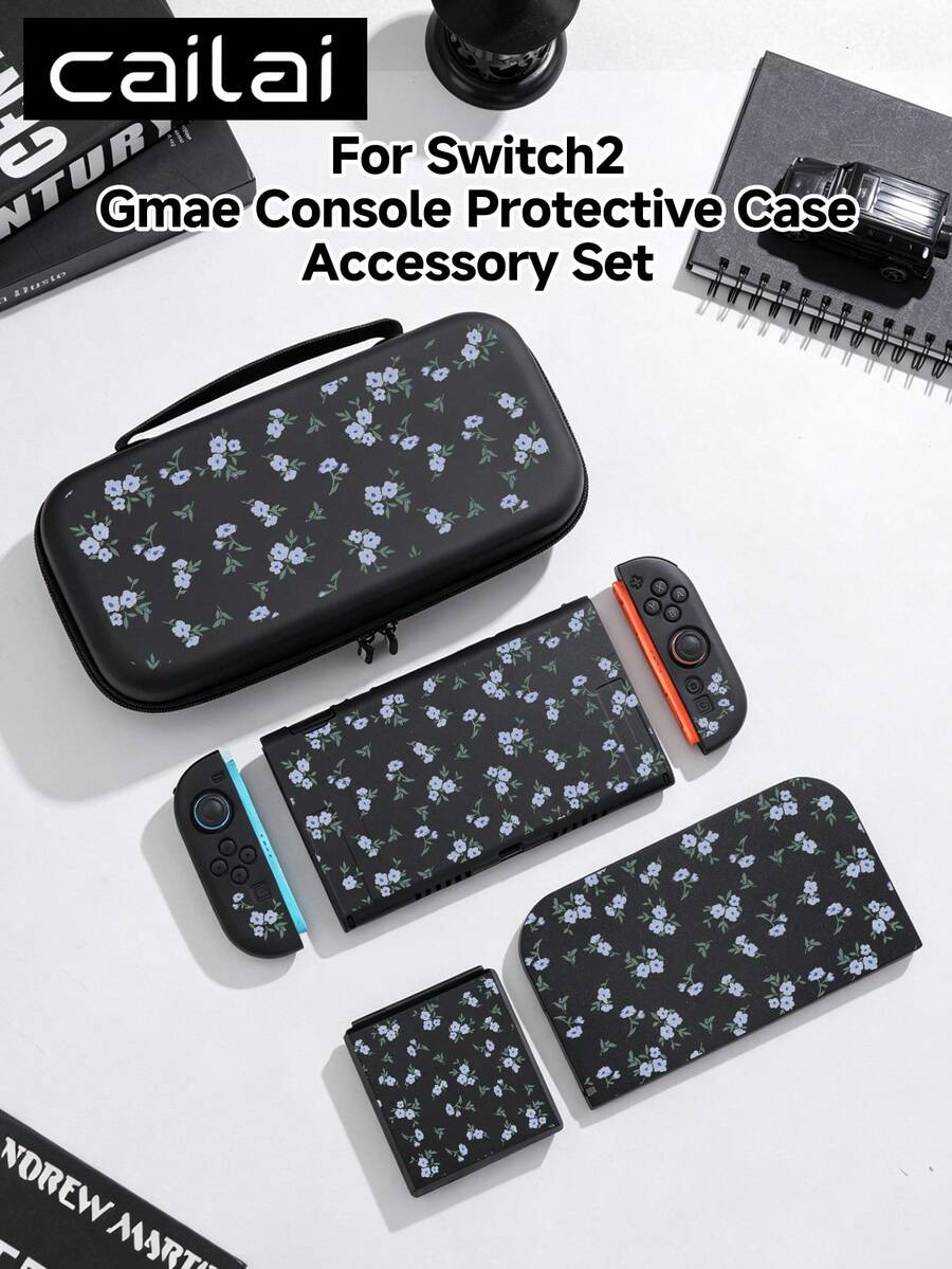 一套简约花卉图案兼容配件,适用于Switch2 (2025)/Switch NS/Switch OLED,包括白色/黑色主机保护壳、手柄保护套、收纳袋、卡槽底座、TPU软壳,优雅实用,便携式支架,防摔防刮防污,时尚浪漫礼物。 - 彩色 - 查看 1