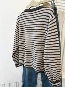 Plus Size Women's Autumn/Winter Striped Knit Cardigan, Round Neck Single-Breasted Long Sleeve, Loose Casual Daily Outerwear - Grey - View 5