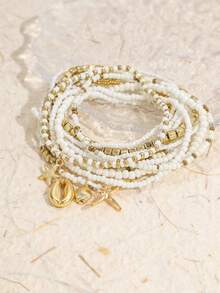 13pcs Personalized Versatile CCB Geometric Square Star Shell Beaded Anklet Set, Simple Fashion Anklets For Women - Gold - View 4